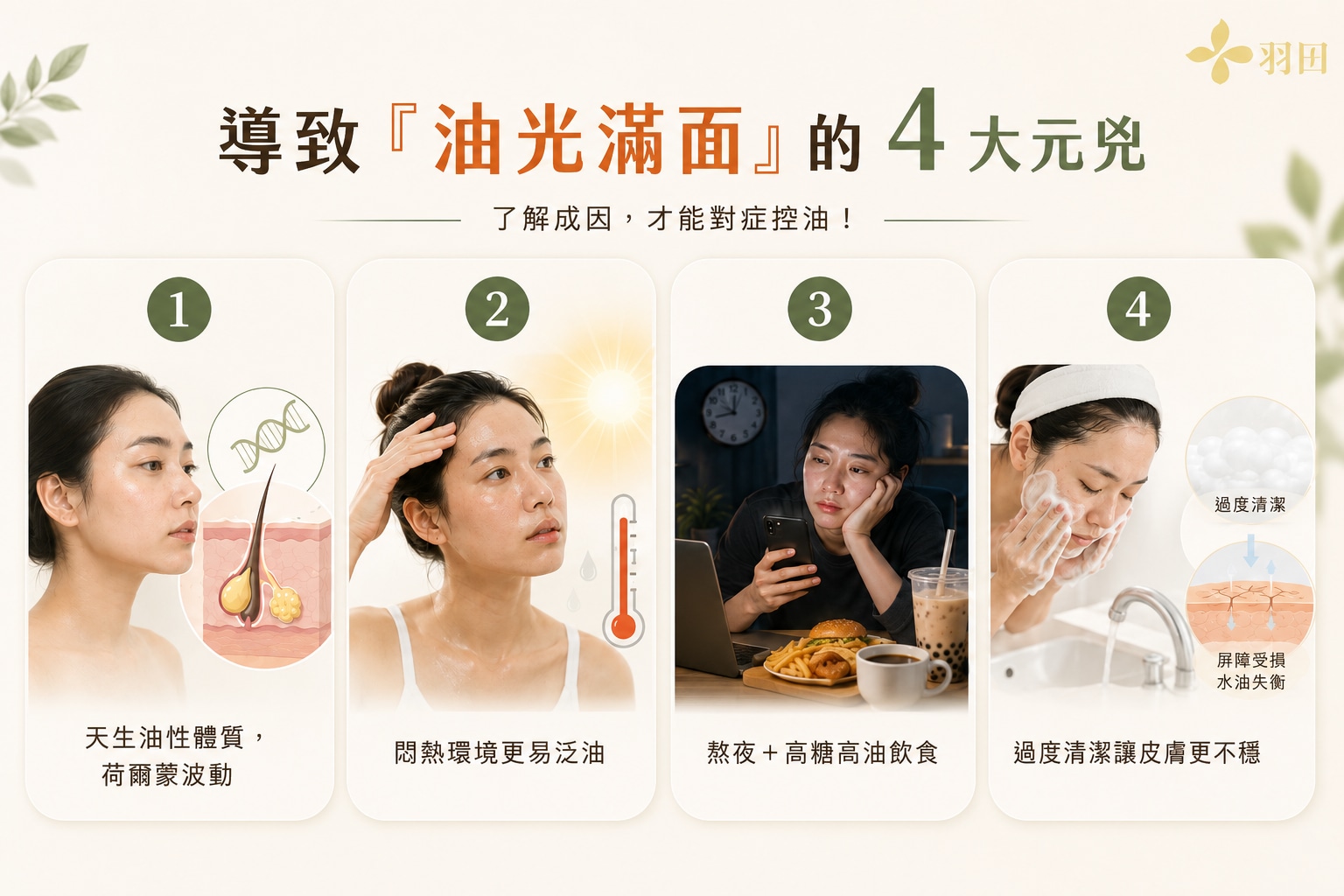 臉部出油原因示意圖，列出油光滿面的四大元兇：天生油性體質與荷爾蒙、悶熱環境、熬夜高糖飲食、過度清潔