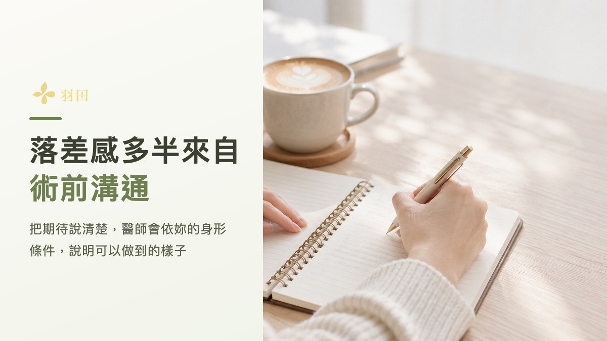 女性在筆記本上寫下想和醫師討論的期待，旁邊文字寫著落差感多半來自術前溝通