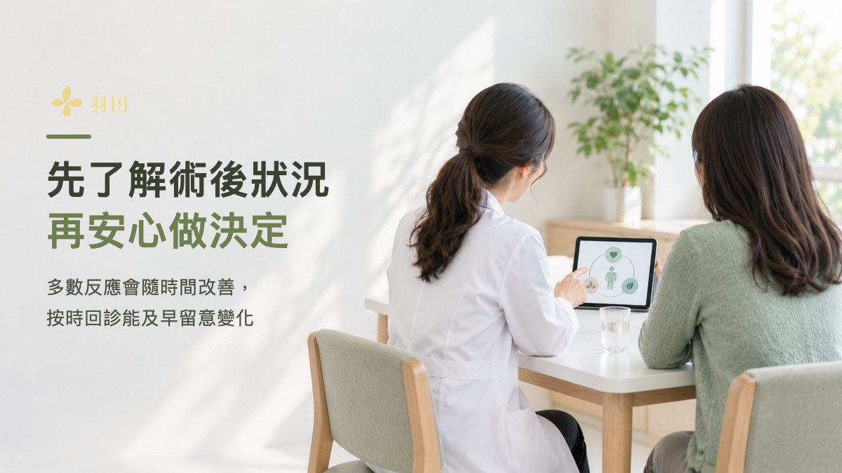 女醫師與諮詢者在明亮診間並肩看平板討論，左側文字寫著先了解術後狀況，再安心做決定