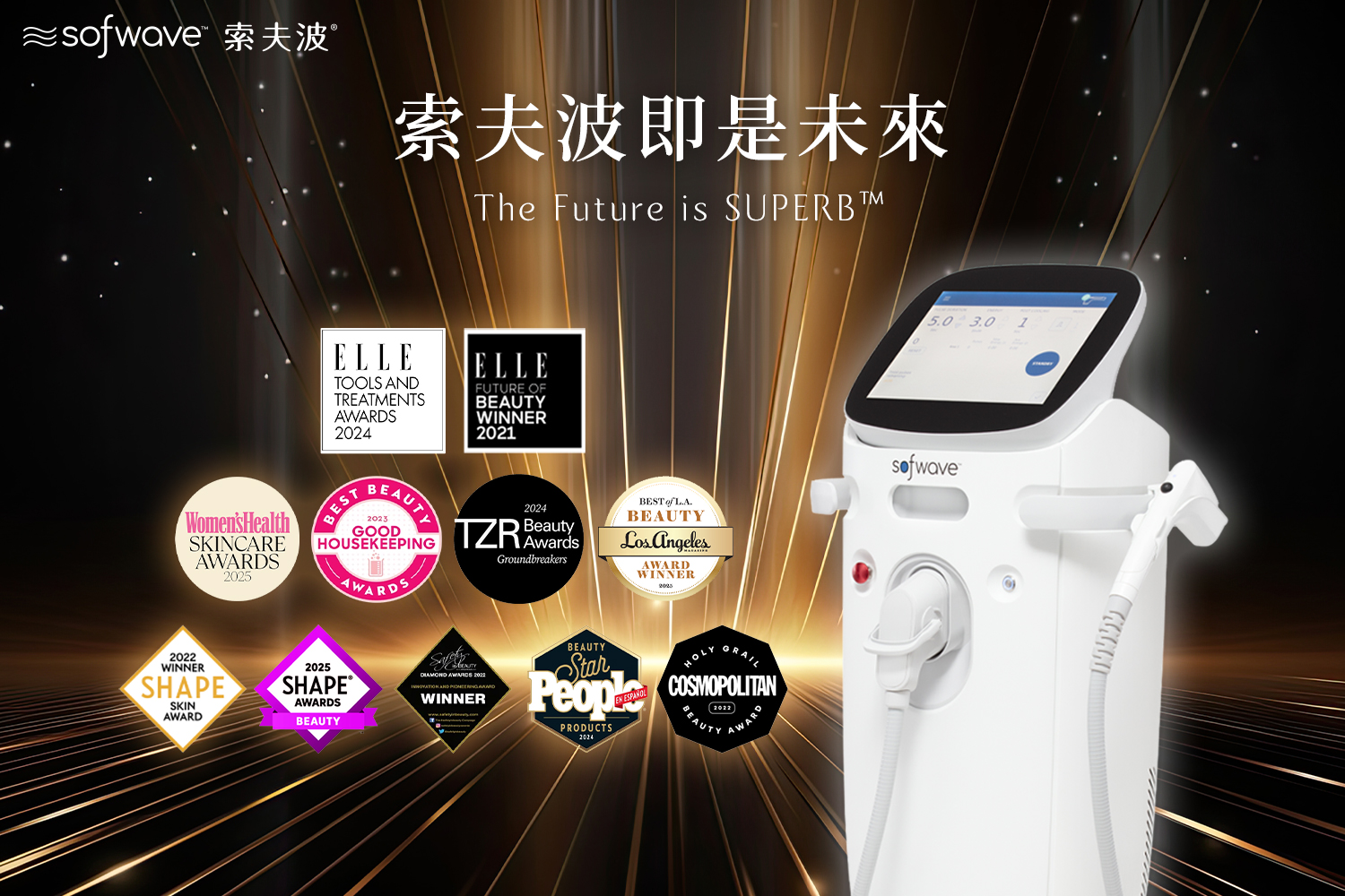 索夫波國際獎項牆,含 ELLE、Cosmopolitan、Good Housekeeping、TZR、Women's Health、SHAPE 等媒體評選獎章,年份自 2021 至 2025