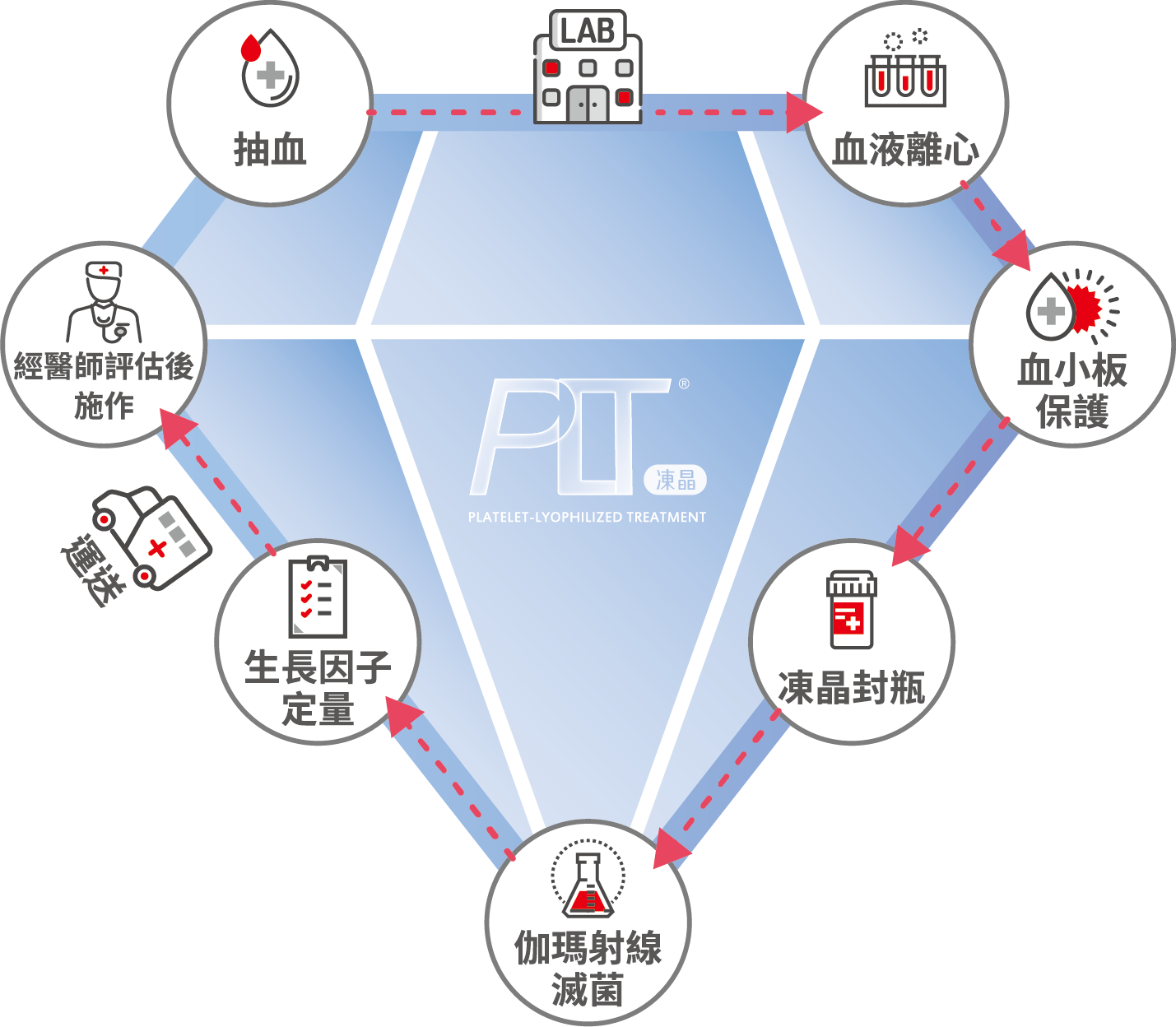 PLT 血小板凍晶製程流程圖：抽血、血液離心、血小板保護、凍晶封瓶、伽瑪射線滅菌、生長因子定量、運送、經醫師評估後施作